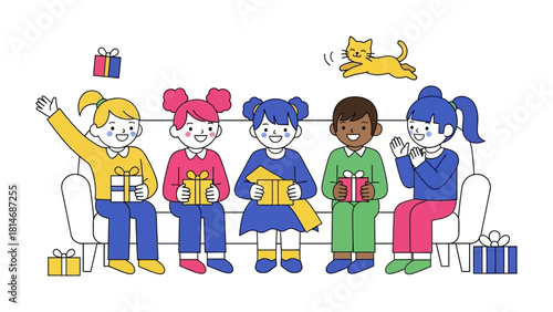 Children with Gifts: A charming illustration depicts a group of children happily seated together, each holding a gift, with a playful cat in the air. Capturing the spirit of joy and togetherness