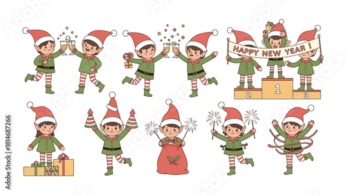 Festive Elf Collection: A vibrant assortment of cheerful elves adorned in festive attire, engaged in merry celebrations, each radiating the joyous spirit of a season.