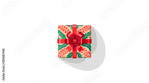 A top view of christmas gift box with symmetrical pattern and red ribbon wrapped christmas