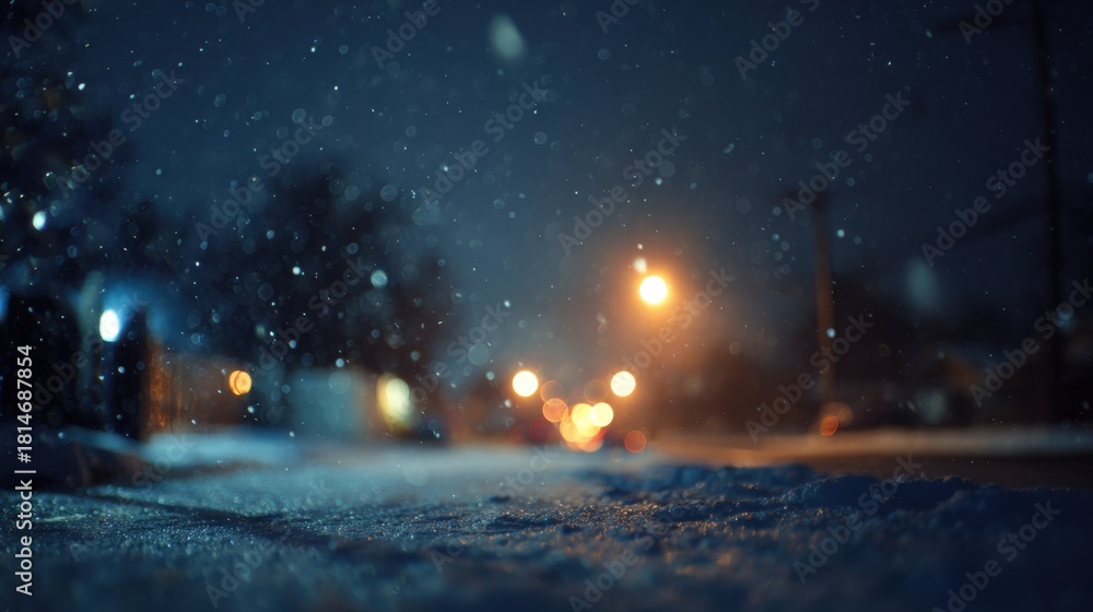 Fototapeta premium Winter's Embrace: A serene street scene unfolds under a blanket of snowfall, illuminated by the warm glow of streetlights, creating a captivating night.