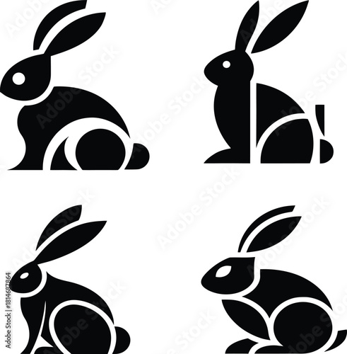 Solid black silhouette of a rabbit sitting with long ears, simple minimal vector clip art, isolated on transparent background. Cute animal symbol.