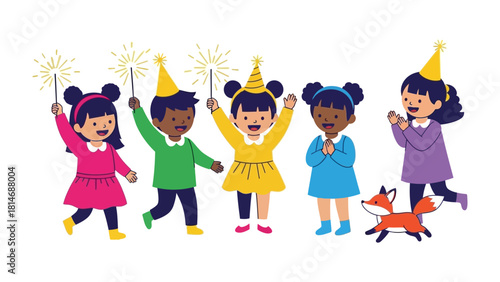 Celebratory Gathering: A group of children radiate pure joy and anticipation as they celebrate a special occasion with festive sparklers and cheerful party hats.