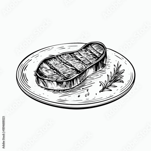 Hand-drawn illustration of grilled meat steak served on a plate with rosemary garnish in engraving vintage style, perfect for culinary, restaurant, and food design themes.