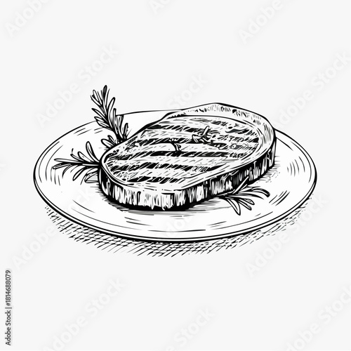 Hand-drawn illustration of grilled meat steak served on a plate with rosemary garnish in engraving vintage style, perfect for culinary, restaurant, and food design themes.