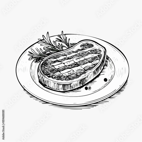Hand-drawn illustration of grilled meat steak served on a plate with rosemary garnish in engraving vintage style, perfect for culinary, restaurant, and food design themes.