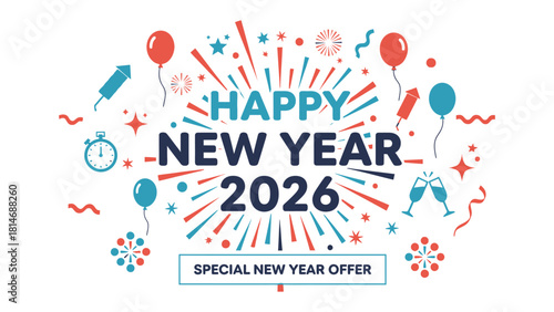 New Year 2026 Celebration: A vibrant, festive design welcomes the New Year, featuring celebratory elements, offering a visual greeting, with a splash of color and joy.