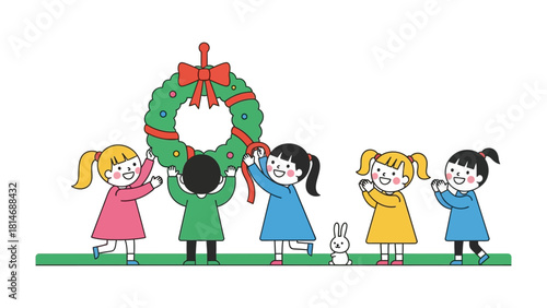 Joyful Holiday Wreath: A group of gleeful children joyfully adorn a Christmas wreath, embodying the festive spirit and unity. Capture the pure innocence and glee of the season.