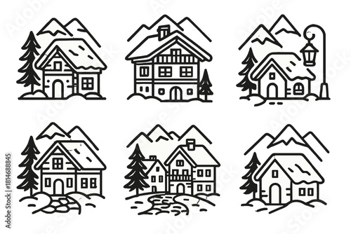 Alpine Village Icons. Charming Alpine Villages linear icon set. chalet, snowy rooftops, pine tree, lantern, cobblestone path, mountain