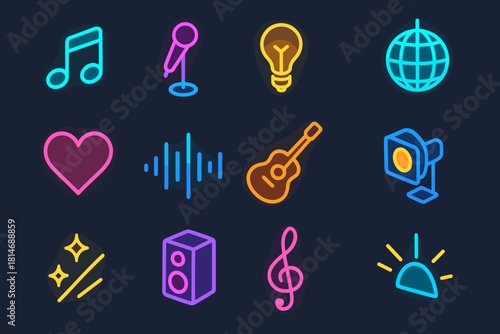 Isometric Music Icons. Music & Lights flat icons set. neon note, microphone stand, light bulb, disco sphere, glowing heart, soundwave, guitar, stage lamp, sparkle lines, speaker