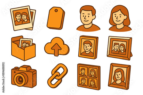 Nostalgic Photo Icons. Family Photo Archive flat icon set: vintage photos, date tags, smiling portraits, album folders, cloud upload icon, framed memories, camera icon, shared link
