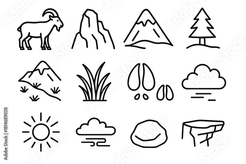 Mountain Goat Icons. Mountain Goats Set linear icon set. goat, rocky cliff, mountain peak, pine tree, snow patch, grass, hoof prints, cloud, sun, mist, stone, ledge