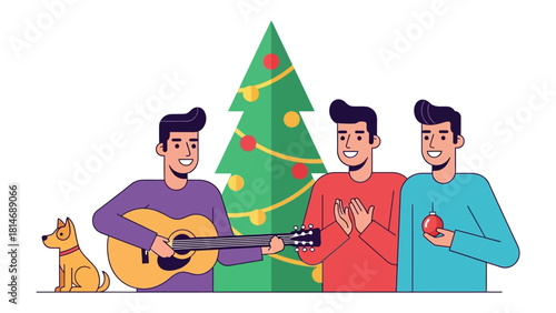 Joyful Caroling: Festive scene of individuals gathering to sing carols, accompanied by a guitar and adorned with Christmas tree.