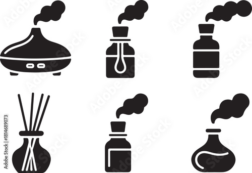 Aroma Diffuser and Essential Oil Bottle Icons with Steam fragrance