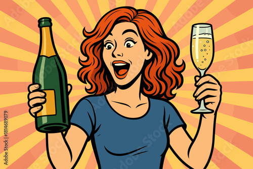Festive Redhead Celebration. Woman with vibrant red hair holds a large champagne bottle in one hand and a bubbling glass in the other, her mouth open in excitement.. Vector illustration