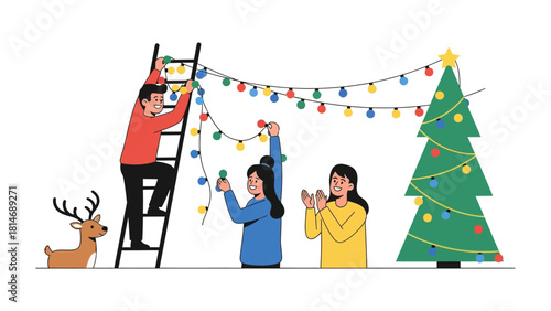 Festive Preparations: Family joyfully decorates for the winter holiday, festooning the tree with vibrant lights and ornaments, capturing the anticipation and cheer.