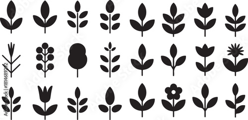 Assortment of black silhouette leaf and plant icons branch stem