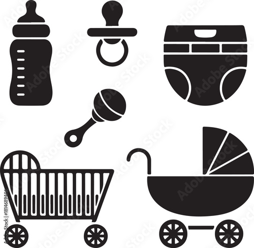 Black and White Icons of Baby Items and Nursery Furniture infant child