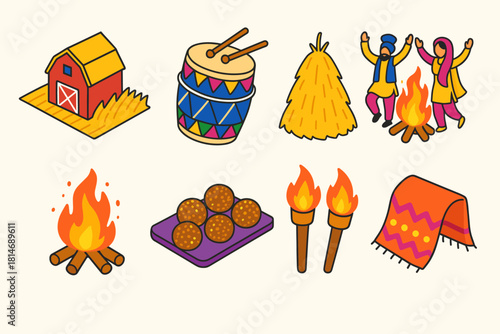 Lohri Celebration Icons. Lohri Rural Festivity flat icons set. barn field, decorated dhol, haystack, villagers dancing, bonfire sparks, sweet treats, torches, festive cloth