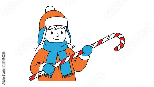 Joyful Encounter: A young, bundled-up child smiles with delight as he or she clasps a candy cane, embodying the simple happiness of a winter treat. 