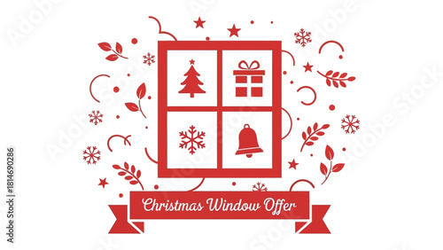 Christmas Window Offer: festive display featuring iconic holiday symbols set against a red frame, inviting shoppers to embrace the seasonal spirit with attractive offers