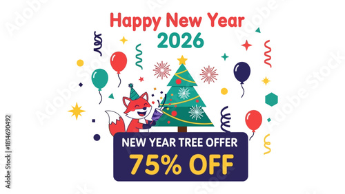New Year Celebration 2026: A festive graphic celebrates the start of 2026, with a decorated christmas tree and a cheerful fox amid celebratory balloons, and offers a substantial discount.