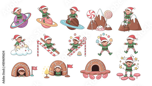  Whimsical Elf Collection: A charming collection of playful elves engaging in imaginative winter adventures, set against a backdrop of festive, fantastical scenes. 