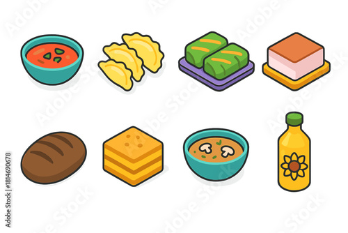 Ukrainian Food Icons. Ukrainian Favorites flat icon set: borscht bowl, varenyky dumplings, holubtsi rolls, salo slice, rye loaf, honey cake, mushroom soup, sunflower oil bottle