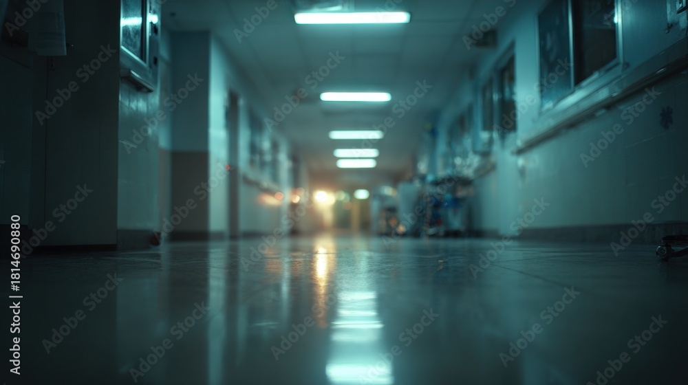 Obraz premium Echoes of Reflection: A somber hospital corridor unfolds, its polished floor mirroring the dim fluorescent lights overhead, casting a cool, almost sterile ambiance. The scene.