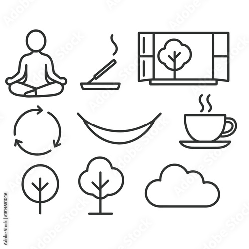 Mindful Meditation Icons. Mindful Living linear icon set: person meditating, incense stick, open window, tree, tea cup, breathing circle, hammock, cloud