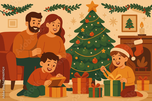 Joyful Christmas Morning. Family gathered around a Christmas tree, children eagerly opening gifts while parents smile. The living room is adorned with holiday. Vector illustration