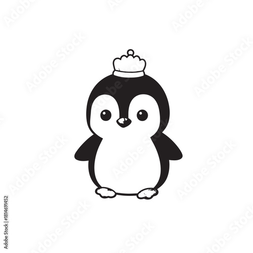 Playful cartoon penguin with tiny hat standing against a white background, cute and kawaii illustration.