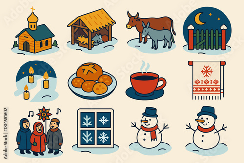 Orthodox Christmas Icons. Orthodox Christmas Celebration in Village flat icons set. rustic church, hay-filled stable, ox and donkey, wooden gate, moonlit sky, candle-lit path