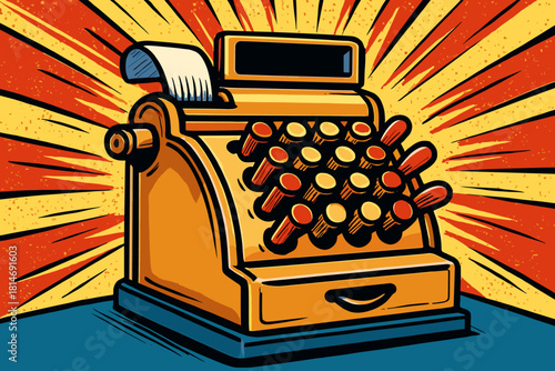 Pop Art Cash Register. Vintage cash register with exaggerated features sits prominently in the foreground, its keys popping out in a dramatic fashion. Behind it, a. Vector illustration
