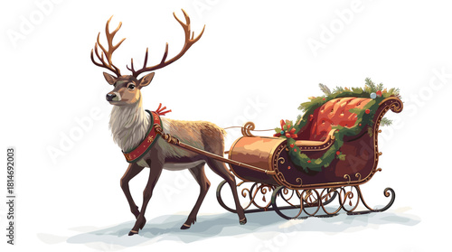 Reindeer pulling sleigh with tufted red seat and green garland on snowy ground in festive scene