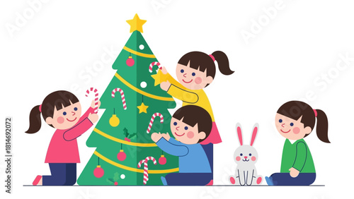 Joyful Christmas Decoration: A group of children collaboratively adorn a festive Christmas tree, embracing the spirit of the holiday season with glee, candy canes, and a star.