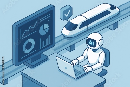 Wallpaper Mural AI robot working on a laptop, analyzing data on a monitor, overseeing an advanced maglev train transport system Torontodigital.ca