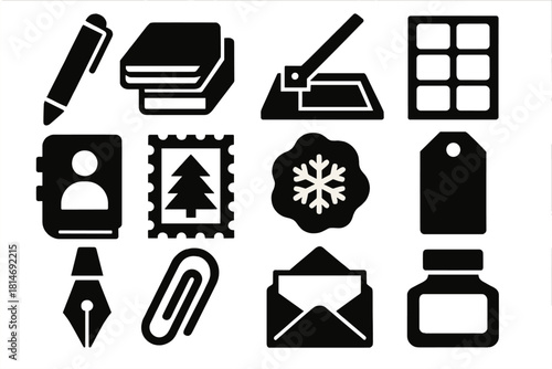 Holiday Stationery Icons. Holiday Stationery silhouette icon set: pen, card stack, paper trimmer, label sheet, address book, postage stamp, sealing wax, gift tag, fountain pen