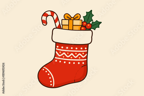 Festive Christmas Stocking. Bright red Christmas stocking adorned with white trim and patterned details. The stocking is filled with small festive surprises, hinting. Vector illustration
