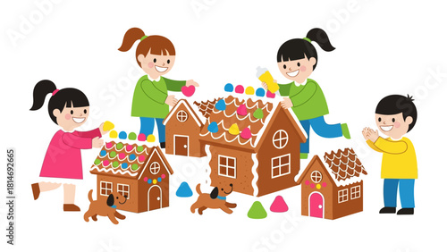 Building Sweet Dreams: Four cheerful children collaborate on building gingerbread houses, filling the air with the festive cheer of the season.