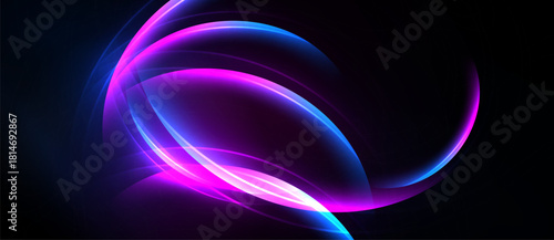Abstract glowing lines form elliptical shapes. Vivid blue, purple hues dominate dark background. Smooth gradients create dynamic visual effect.