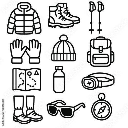 Winter Hiking Gear Icons. Winter Hiking Essentials linear icon set. insulated jacket, snow boots, trekking poles, thermal gloves, wool hat, backpack, trail map, water bottle