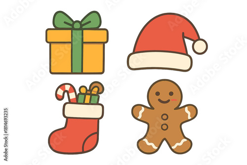 Festive Christmas Icons. Set of Christmas-themed icons, including a wrapped gift, a Santa hat, a stocking filled with treats, and a gingerbread man. Each item is. Vector illustration