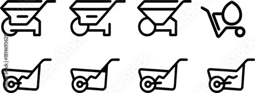 Wheelbarrow Silhouette Icon Set for Gardening, Construction, Farming Tools, Vector Graphics
