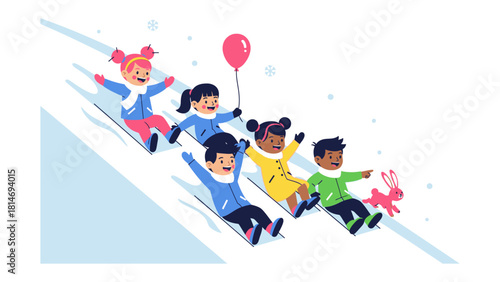 Joyful Descent: Children joyfully slide down a snowy slope, embracing the winter fun, with a mix of excitement. capturing the pure joy and togetherness of childhood.