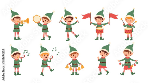 Christmas Elf Musical Performance: A cheerful band of elves dressed in green outfits and hats merrily plays various musical instruments.