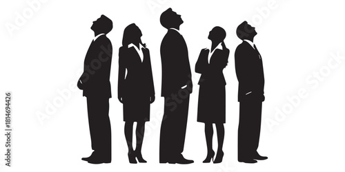 Set of silhouettes of men and women, walking business people, front and back view, vector, profile, black color, isolated on white background, Vector set of snanding and walking business people, 