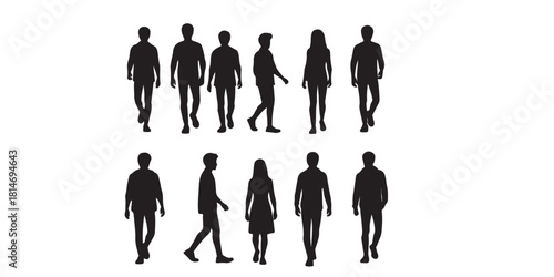 Man, woman, girl and couple walking with backpacks, family, back view, cartoon characters, people silhouettes, vacation clothes. Flat icon design, vector isolated on white, different nationalities