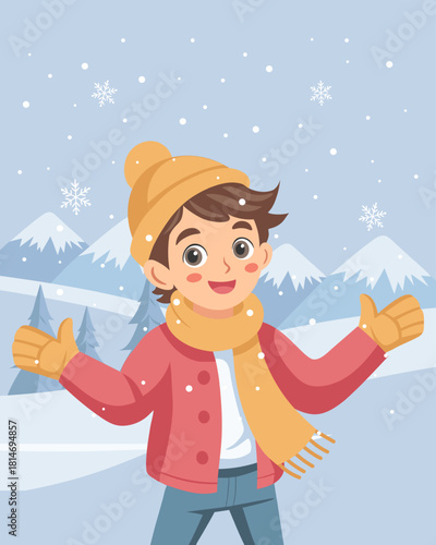 Cute boy in warm winter clothes enjoys the snowfall. Holiday background.