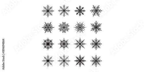 Snowflake silhouette black icon set isolated on white background, simple winter holiday and cold season symbol collection illustration