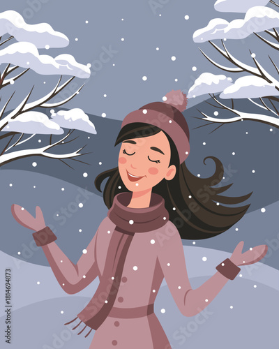 Joyful woman enjoying winter snowfall. Illustration for holiday backgrounds.